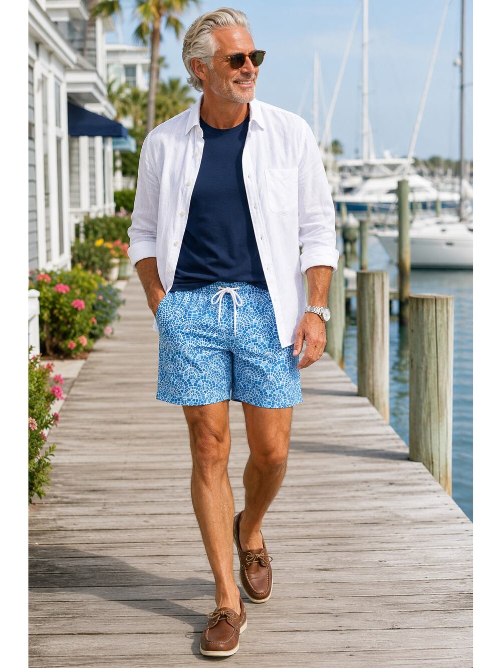 J McLaughlin Swim Trunks L Blue Shell Print Nylon Mesh Lined Beach Shorts